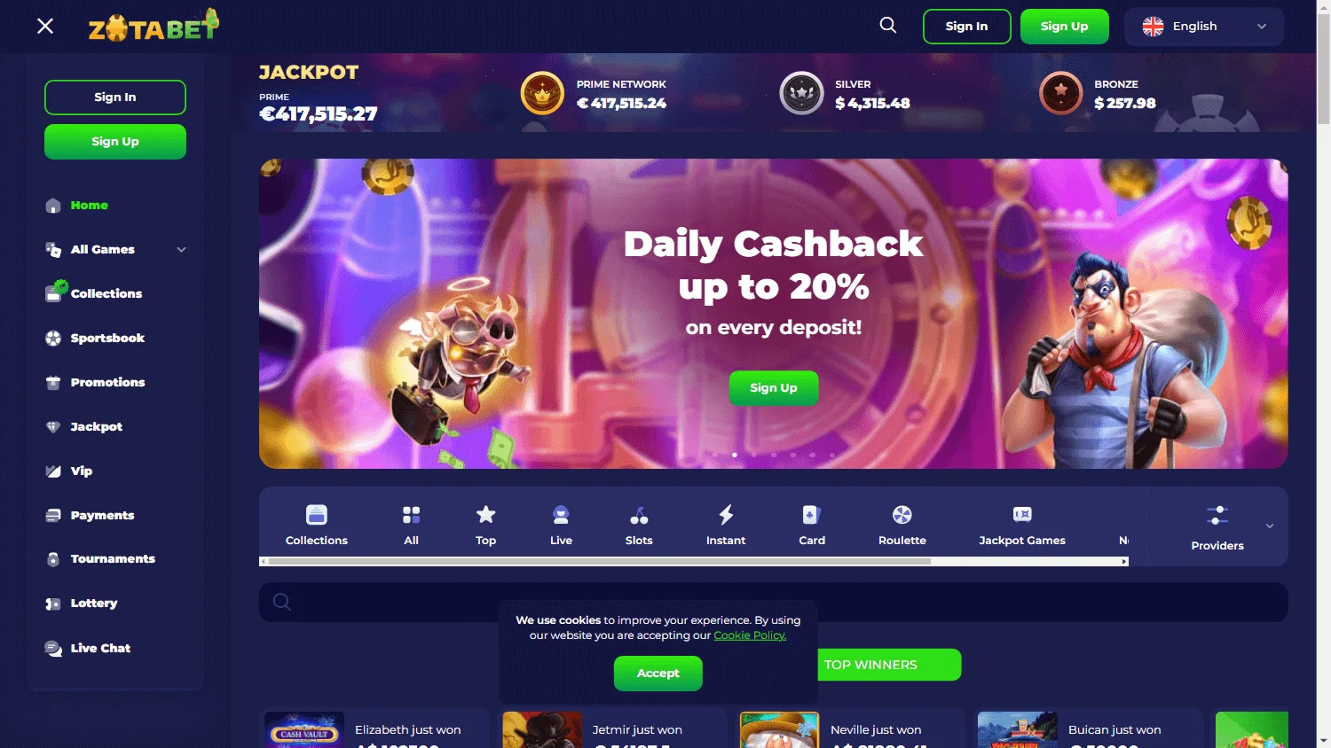 Zotabet Casino desktop home experience with casino and betting options
