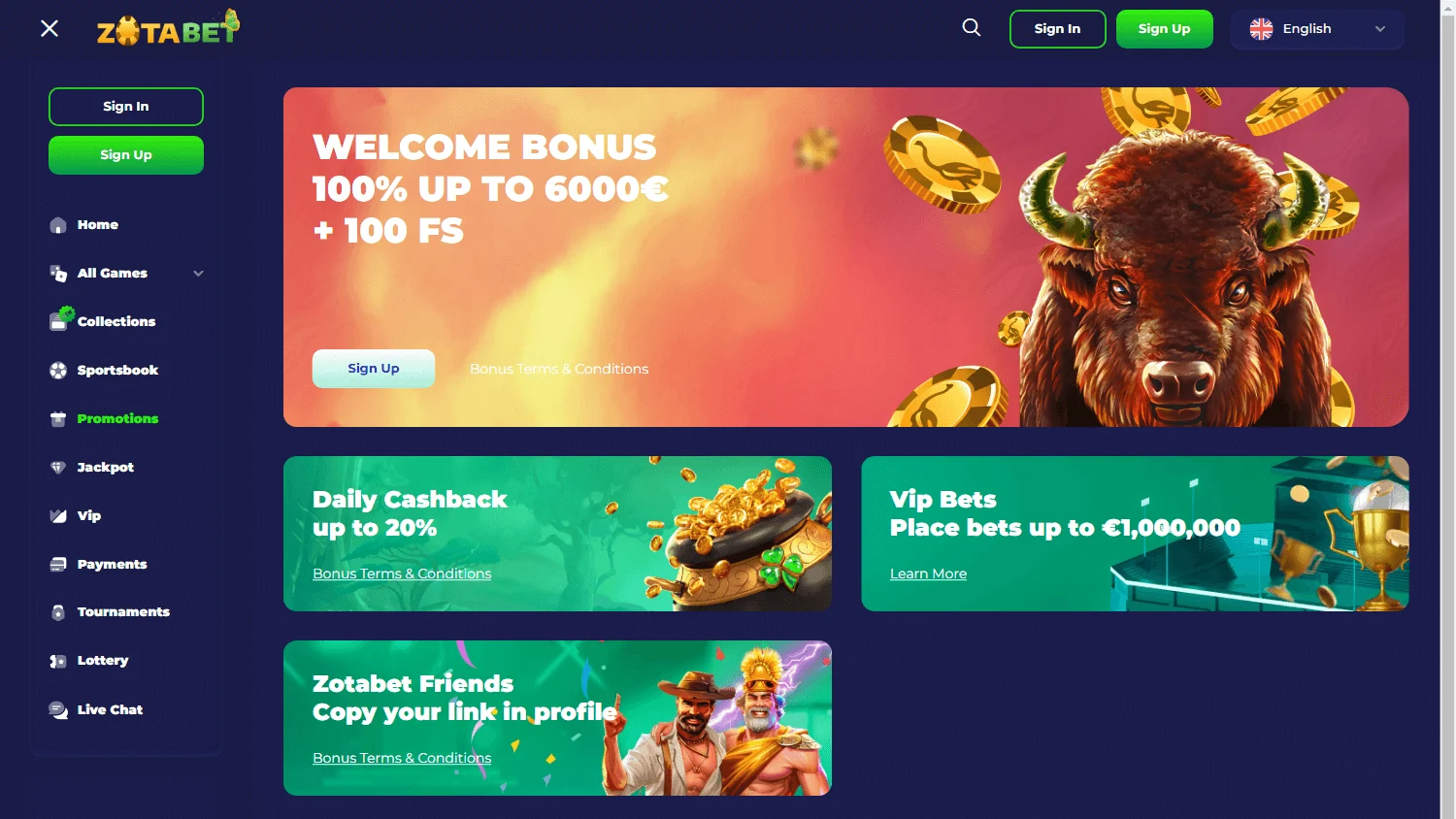 Zotabet Casino desktop promotions area with welcome and deposit offers