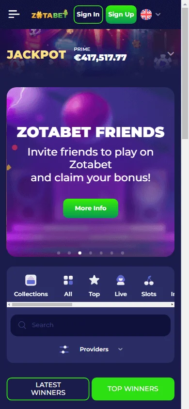 Zotabet Casino mobile home experience with casino and betting access