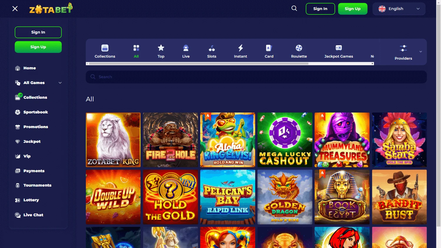 Zotabet Casino desktop games area with casino categories and provider content